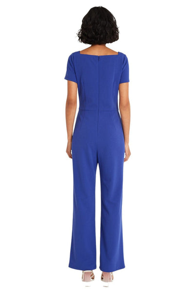 Short Sleeve Clema Blue Asymmetrical Neckline Pocket Scuba Crepe Jumpsuit by Maggy London G6110M