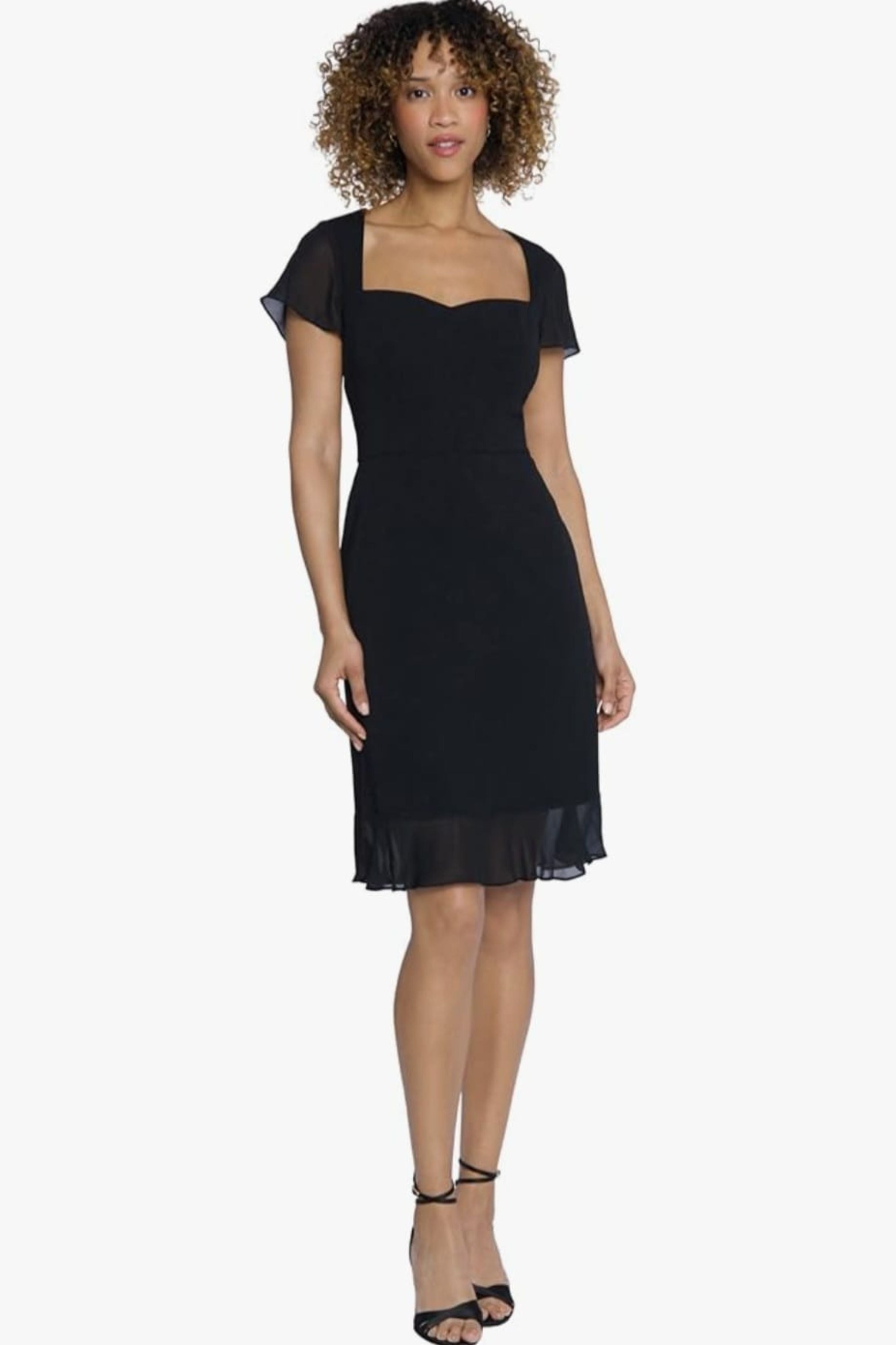 Short Sleeve Ruffle Cocktail Black Sweetheart Neckline Scuba Crepe Dress by Maggy London G6123M