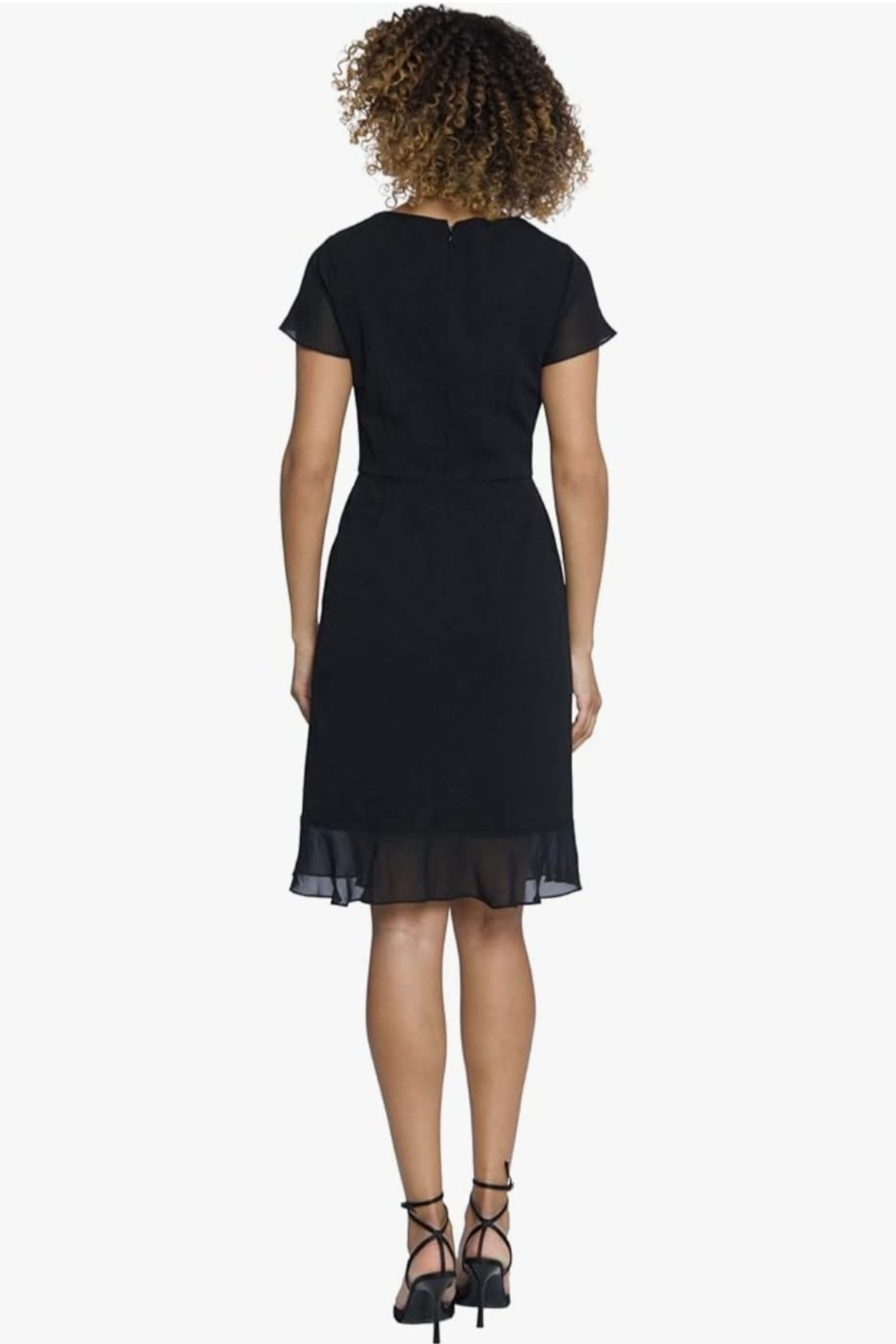 Short Sleeve Ruffle Cocktail Black Sweetheart Neckline Scuba Crepe Dress by Maggy London G6123M