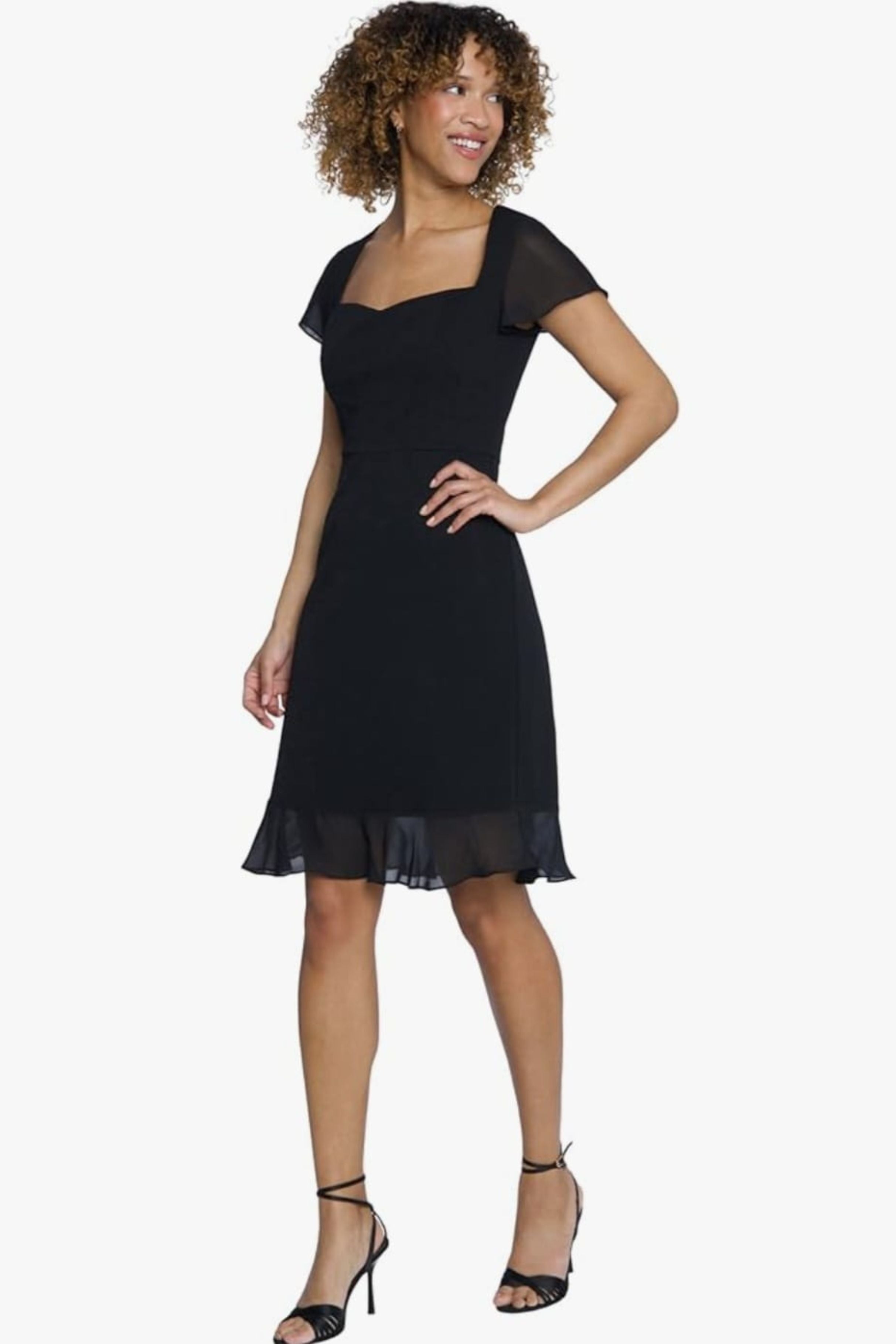 Short Sleeve Ruffle Cocktail Black Sweetheart Neckline Scuba Crepe Dress by Maggy London G6123M