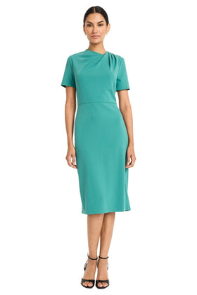 Maggy London G6124M Pleated Neck North Sea Short Sleeve Sheath Dress