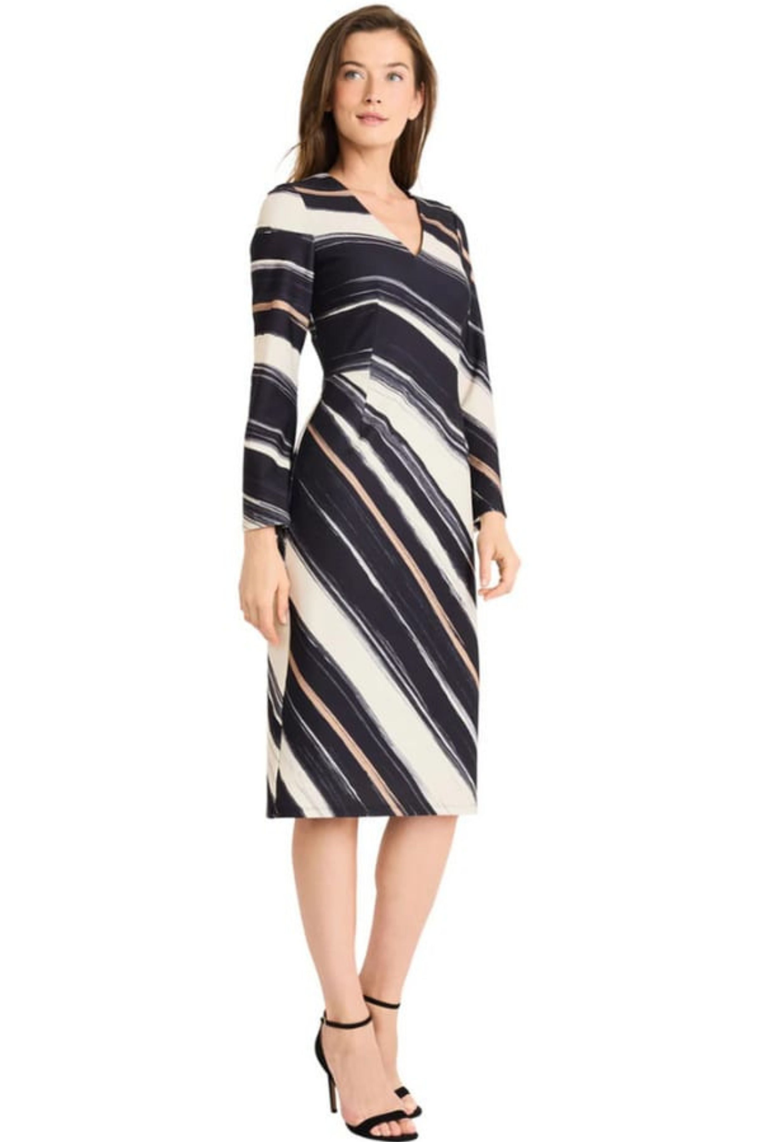 Multi Color Long Sleeve Cream Black V-Neck Scuba Crepe Midi Dress by Maggy London G6133M