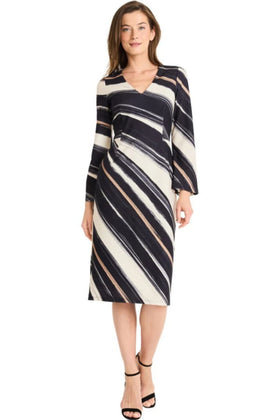 Maggy London G6133M Multi Color Long Sleeve Cream Black V-Neck Scuba Crepe Midi Dress