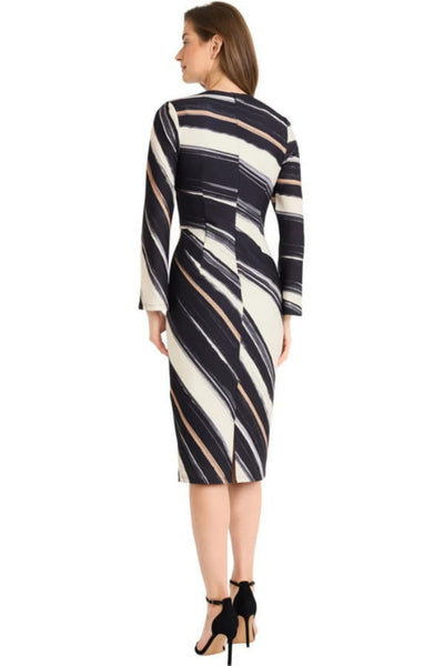 Multi Color Long Sleeve Cream Black V-Neck Scuba Crepe Midi Dress by Maggy London G6133M
