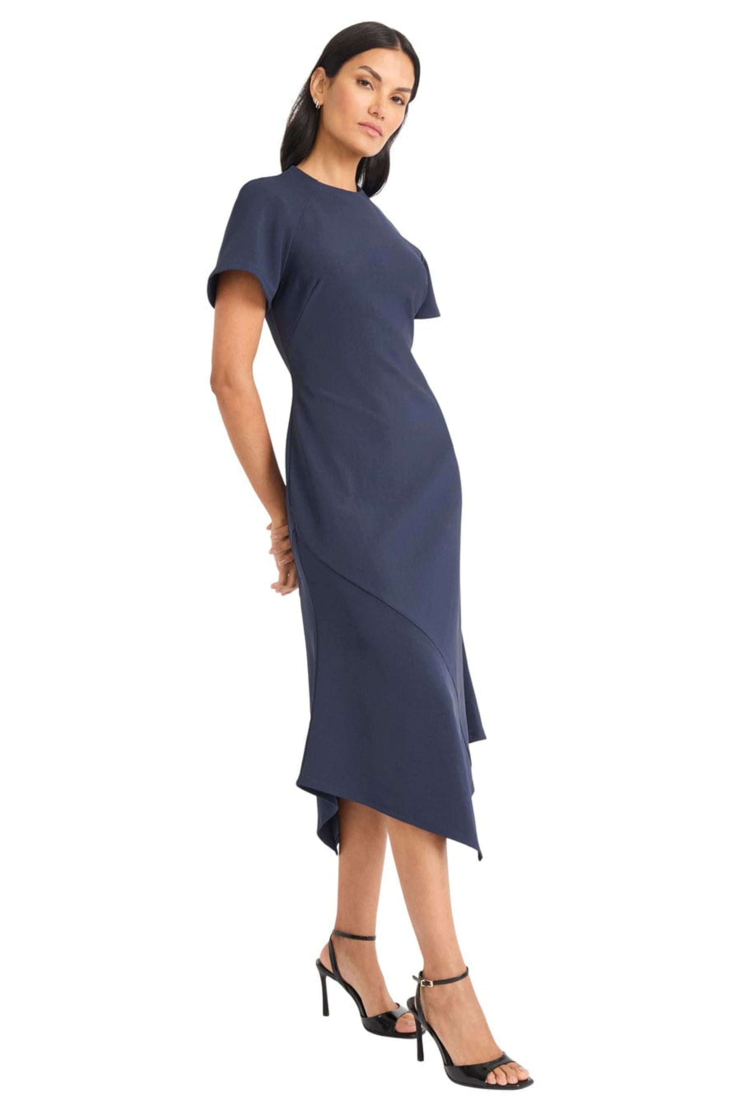 Short Sleeve Midi Navy Blazer High Low A-Line Dress by Maggy London G6136M