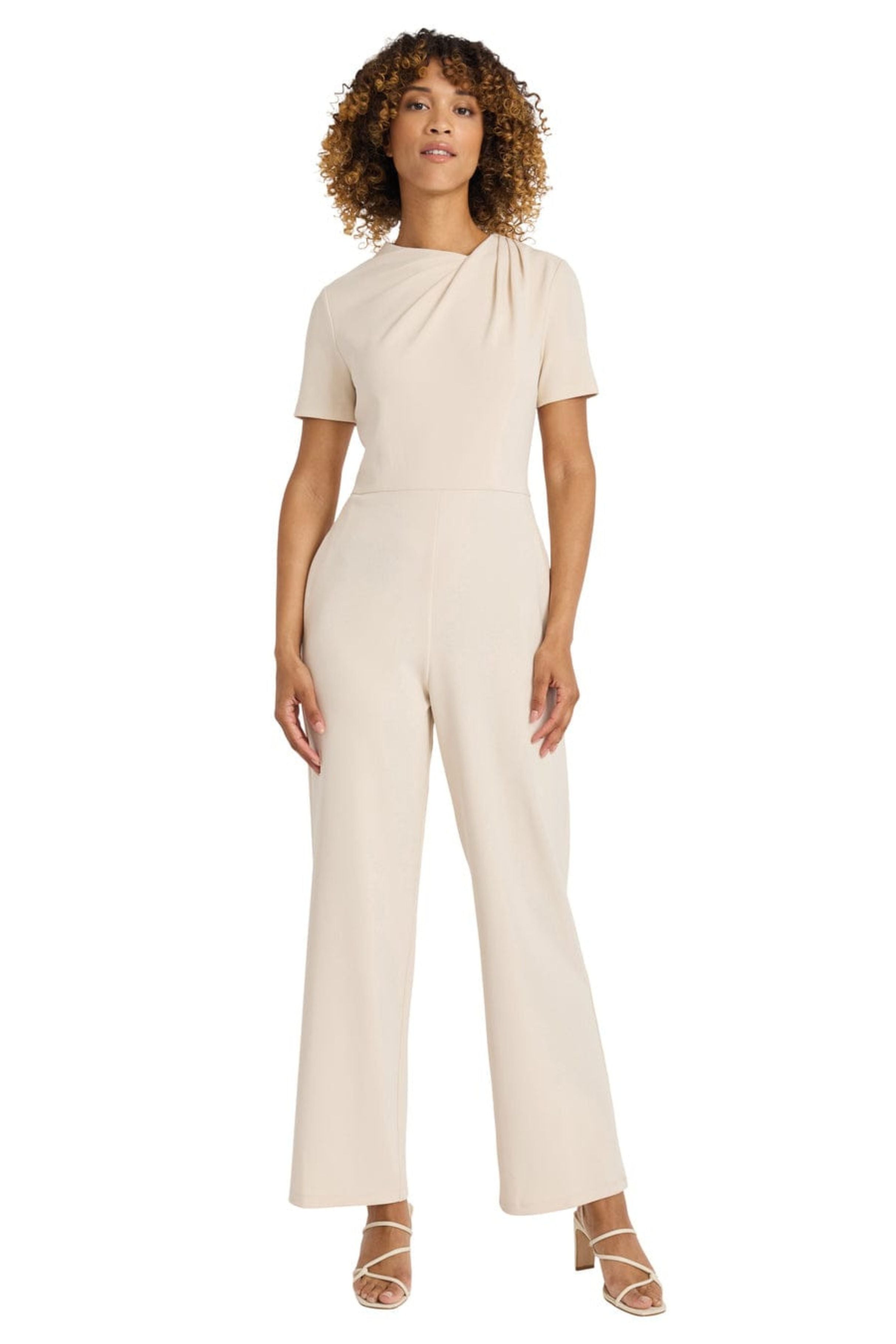 Short Sleeve Horn Pleated Scuba Crepe Jumpsuit by Maggy London G6230M