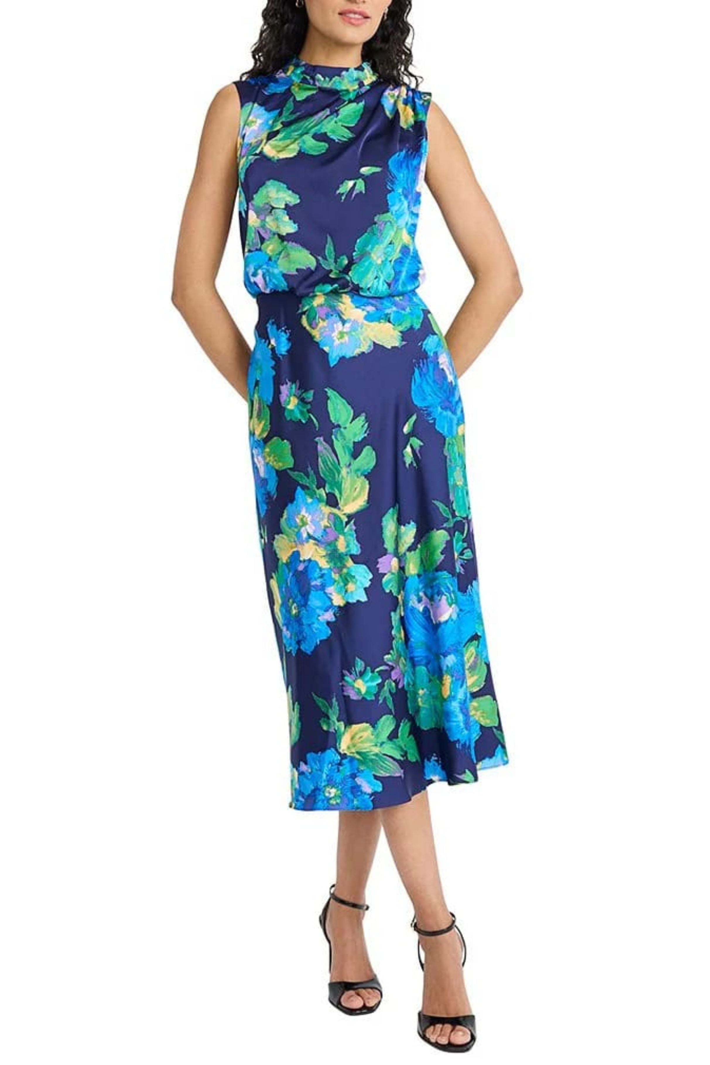 Navy Blue Floral Mock Neck Floral Print Satin Midi Dress by Maggy London G6260M
