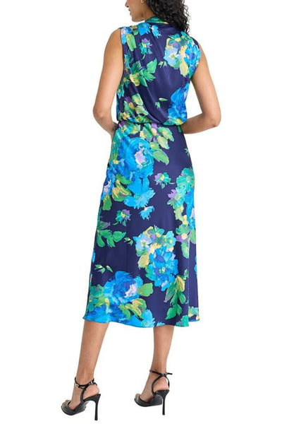 Navy Blue Floral Mock Neck Floral Print Satin Midi Dress by Maggy London G6260M