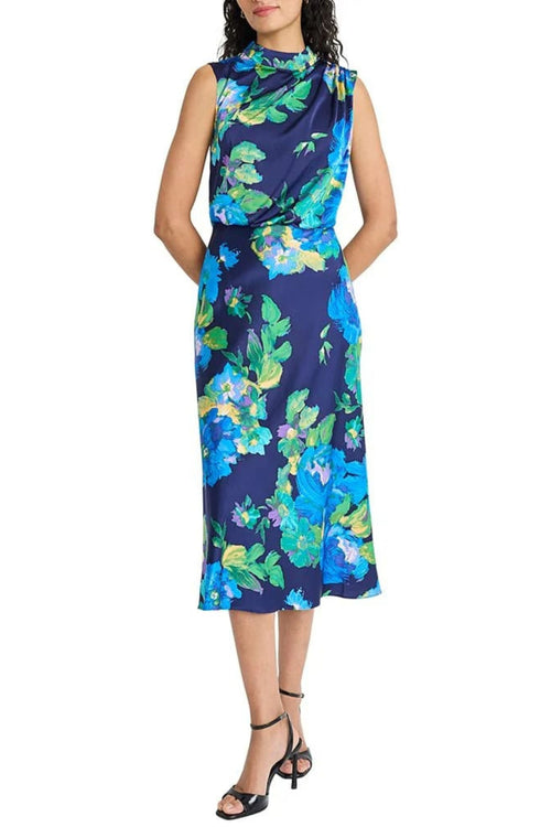 Navy Blue Floral Mock Neck Floral Print Satin Midi Dress by Maggy London G6260M