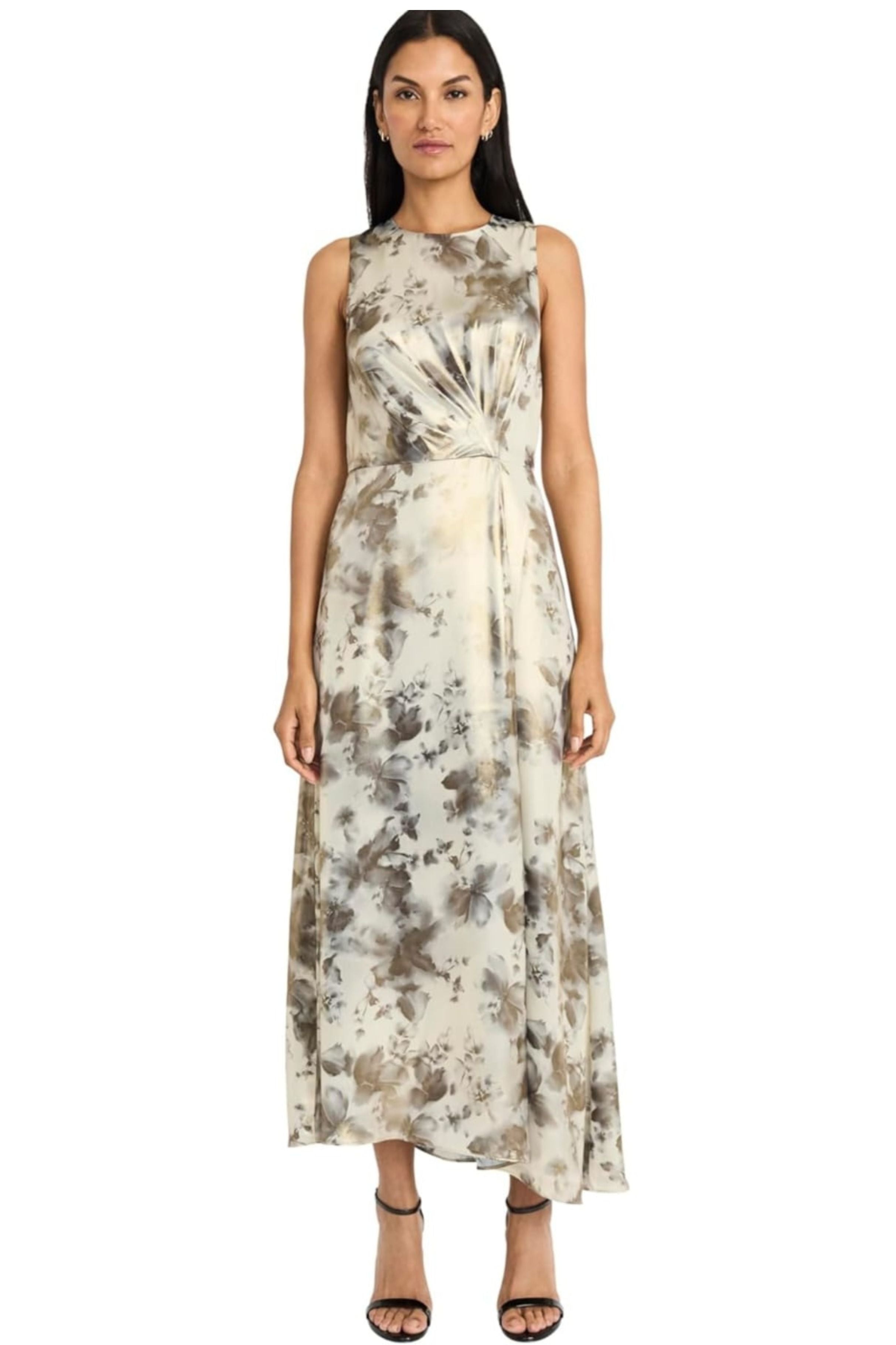 Floral Metallic Long Iv Gl Blk Sleeveless Floral Print Pleated Evening Dress by Maggy London G6284M