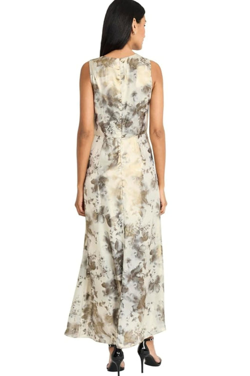 Floral Metallic Long Iv Gl Blk Sleeveless Floral Print Pleated Evening Dress by Maggy London G6284M