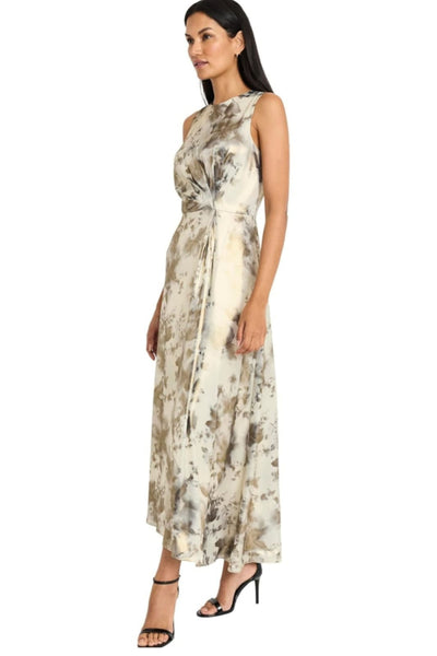 Floral Metallic Long Iv Gl Blk Sleeveless Floral Print Pleated Evening Dress by Maggy London G6284M