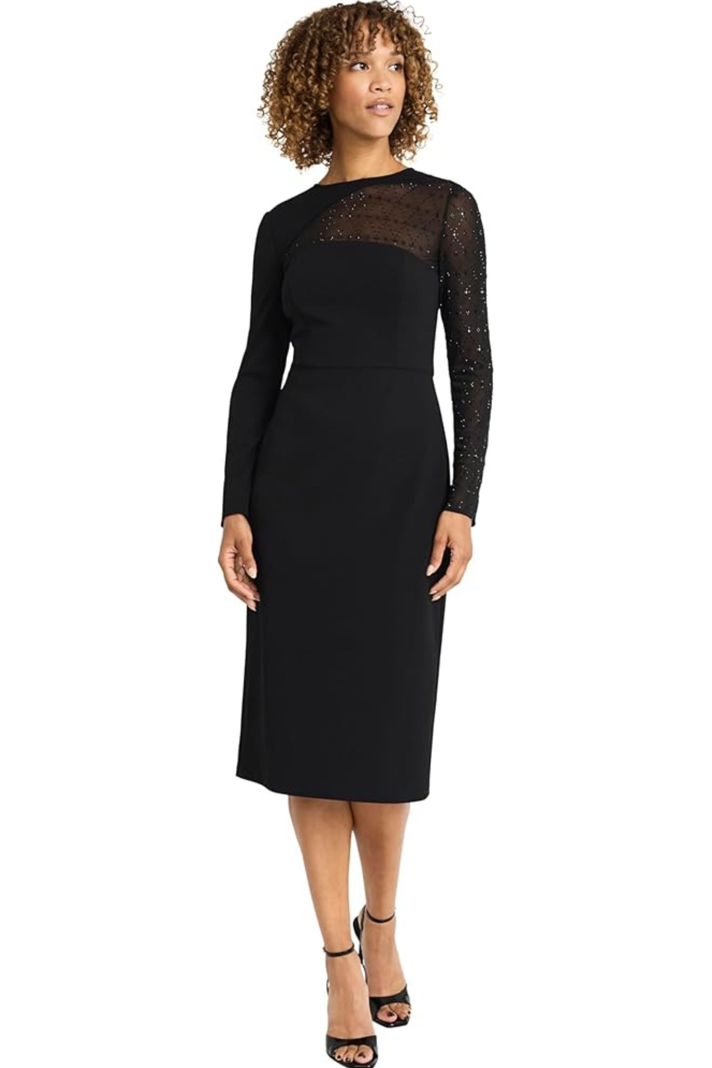 Long Sleeve Sheath Midi Cocktail Black Rhinestone Detail Scuba Crepe Dress by Maggy London G6287M