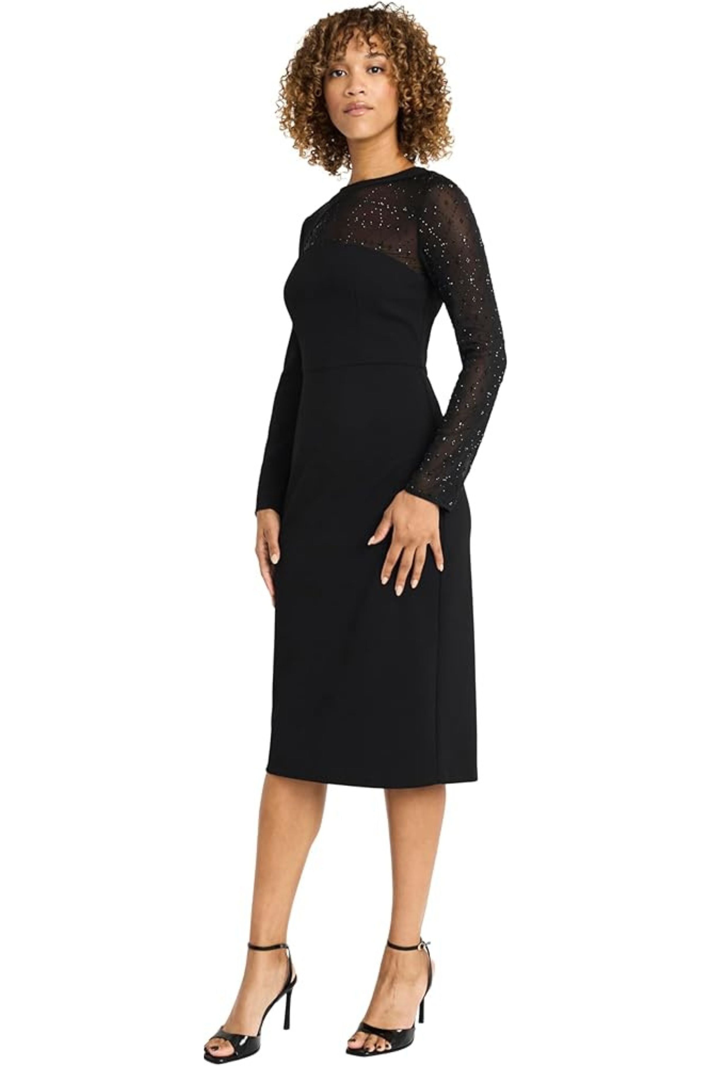 Long Sleeve Sheath Midi Cocktail Black Rhinestone Detail Scuba Crepe Dress by Maggy London G6287M