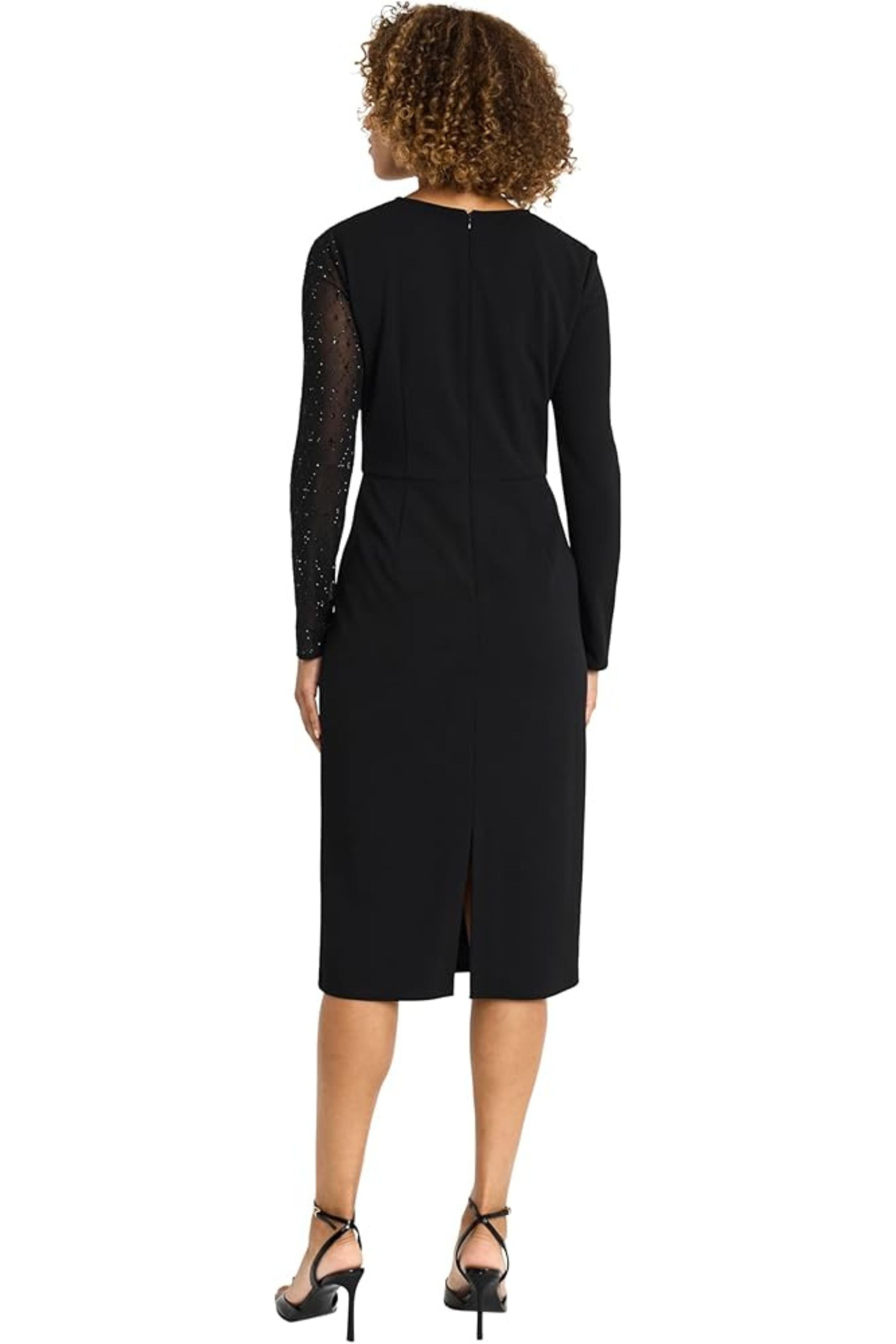 Long Sleeve Sheath Midi Cocktail Black Rhinestone Detail Scuba Crepe Dress by Maggy London G6287M