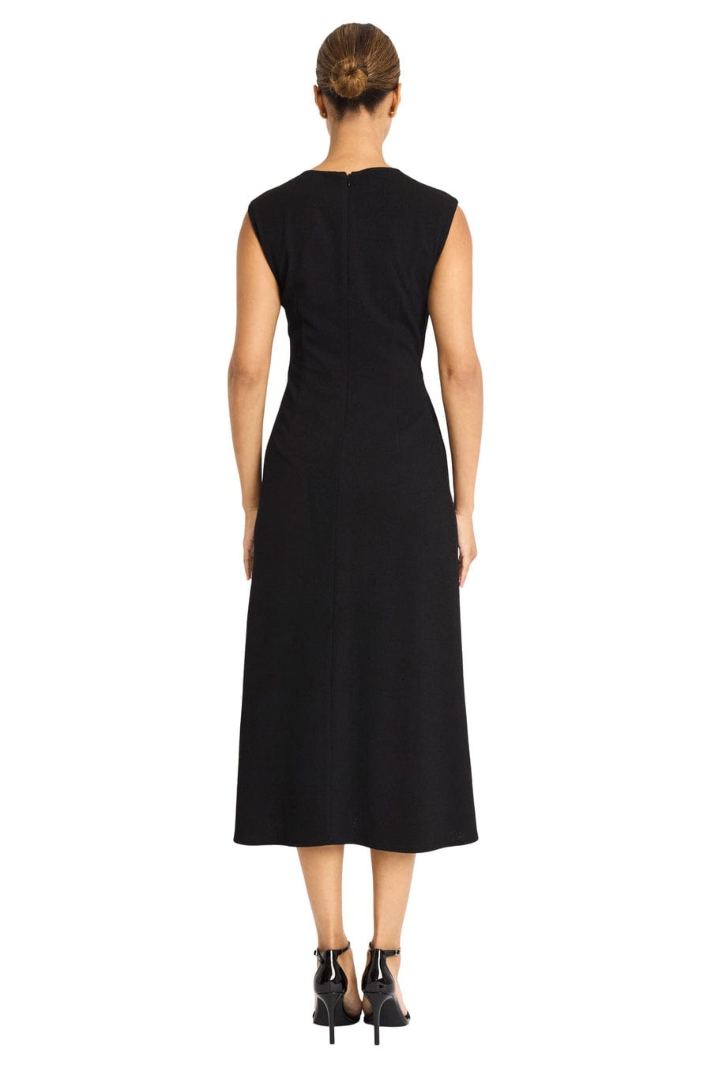 Sleeveless A-Line Black Shirred Jersey Midi Dress by Maggy London G6305M