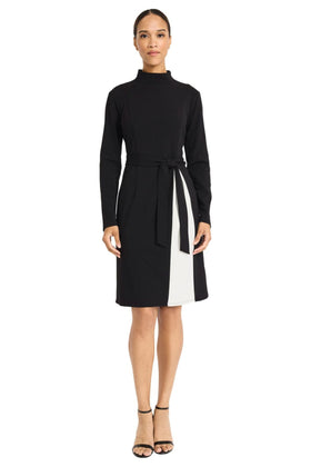Maggy London G6306M Color Block Long Sleeve Black Mock Neck Side Tie Scuba Crepe A-Line Dress