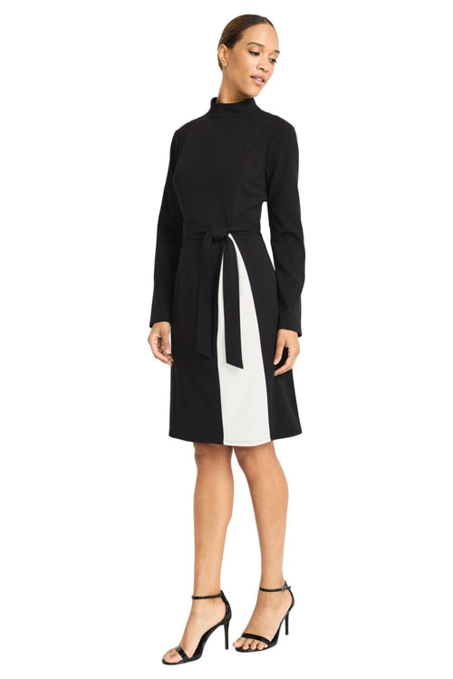 Color Block Long Sleeve Black Mock Neck Side Tie Scuba Crepe A-Line Dress by Maggy London G6306M