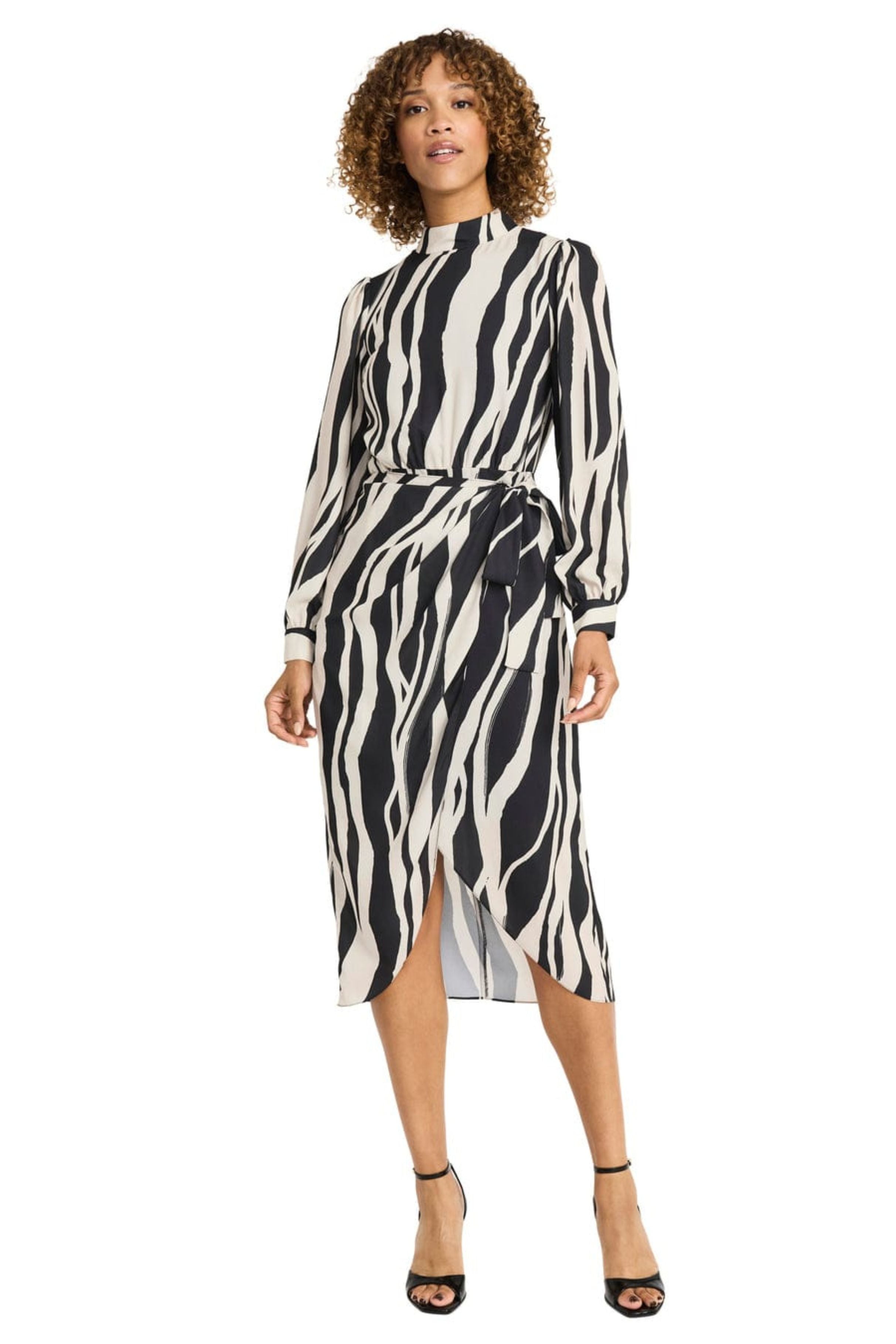 Animal Print Long Sleeve Black Cream and Cherry Blush Mock Neck Chiffon Midi Dress by Maggy London G6332M