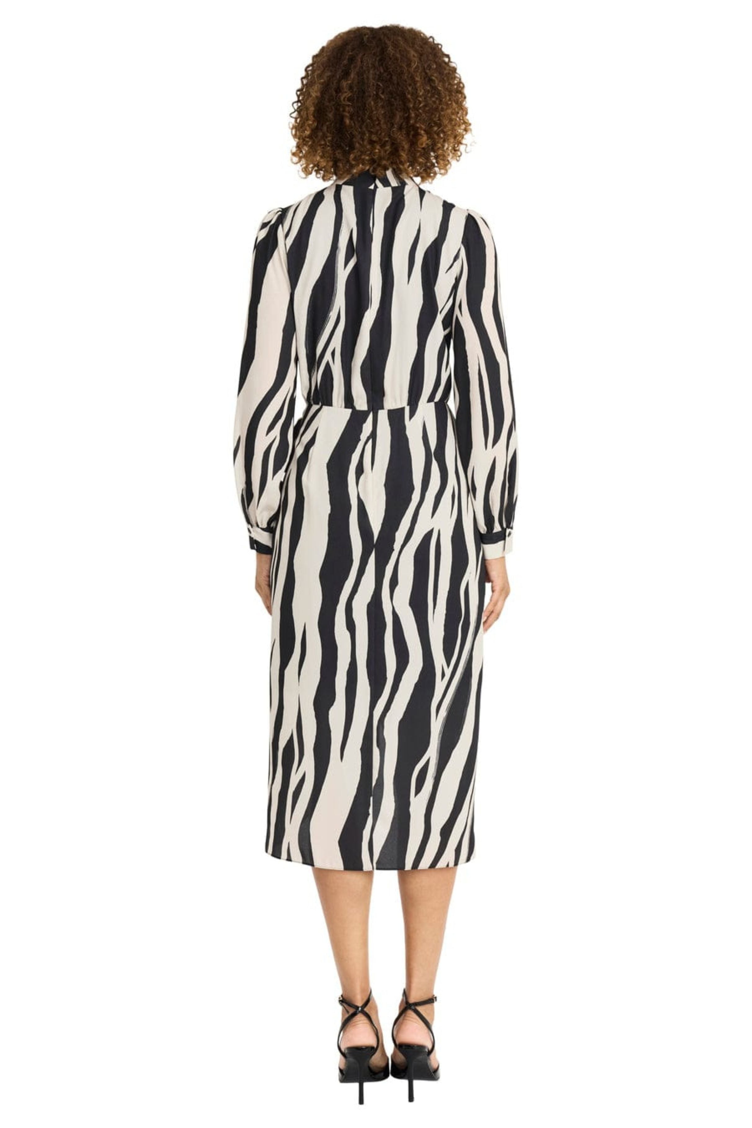 Animal Print Long Sleeve Black Cream and Cherry Blush Mock Neck Chiffon Midi Dress by Maggy London G6332M