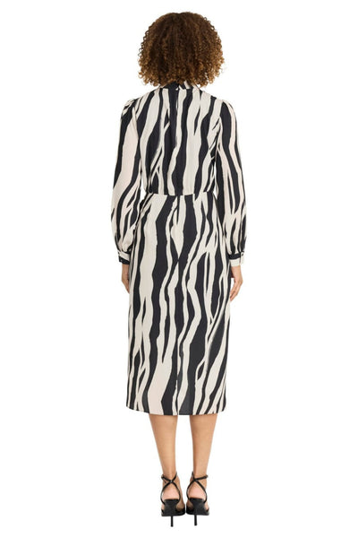 Animal Print Long Sleeve Black Cream and Cherry Blush Mock Neck Chiffon Midi Dress by Maggy London G6332M