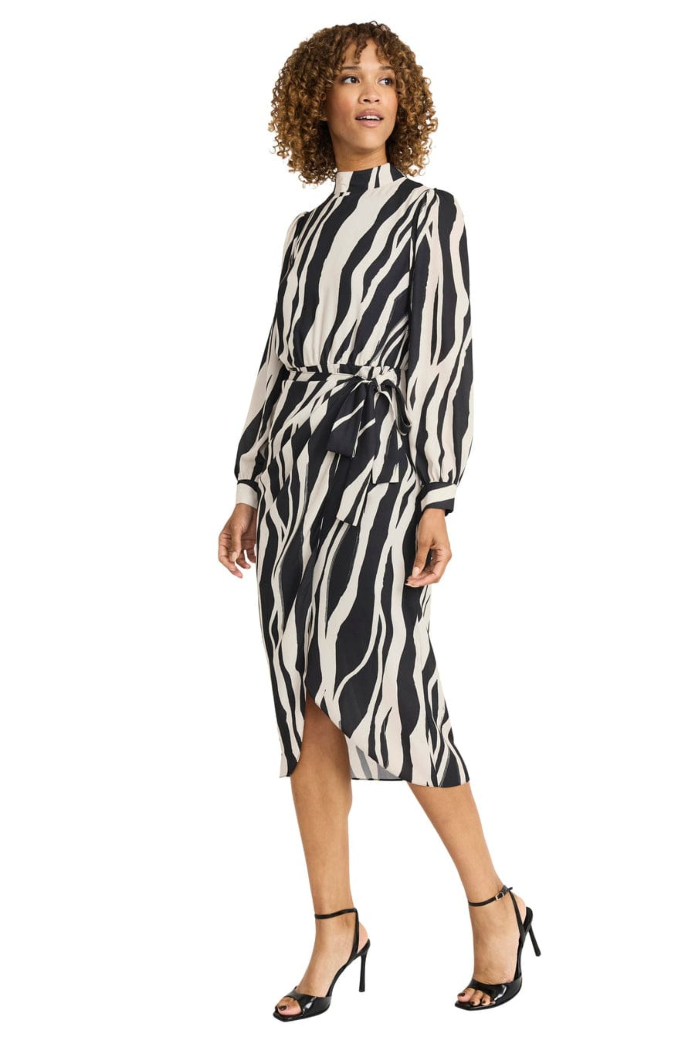 Animal Print Long Sleeve Black Cream and Cherry Blush Mock Neck Chiffon Midi Dress by Maggy London G6332M