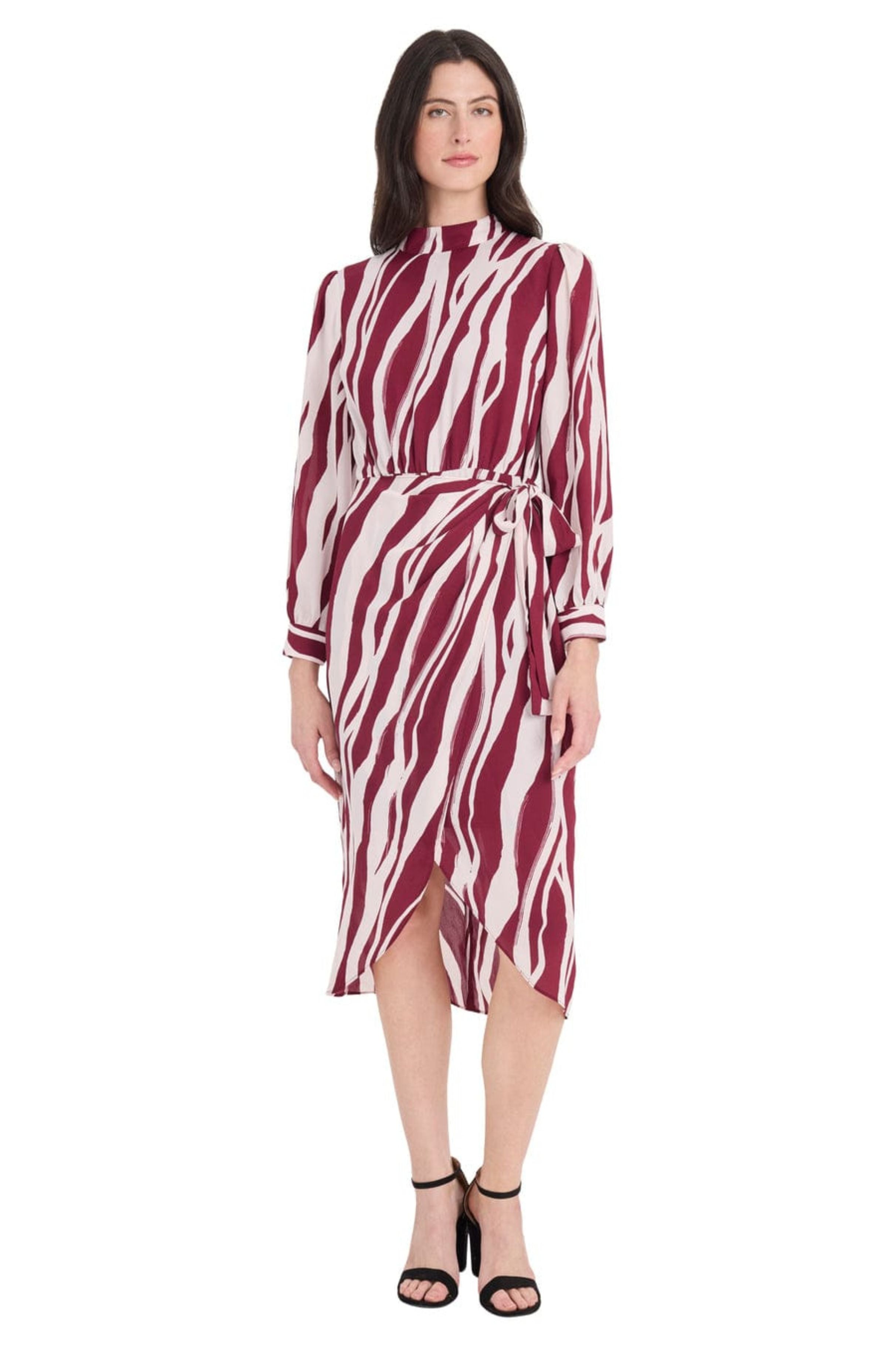 Animal Print Long Sleeve Black Cream and Cherry Blush Mock Neck Chiffon Midi Dress by Maggy London G6332M