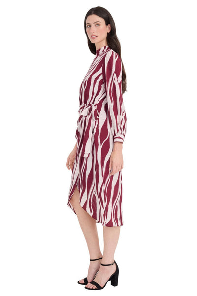 Animal Print Long Sleeve Black Cream and Cherry Blush Mock Neck Chiffon Midi Dress by Maggy London G6332M