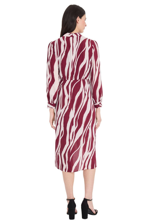 Animal Print Long Sleeve Black Cream and Cherry Blush Mock Neck Chiffon Midi Dress by Maggy London G6332M