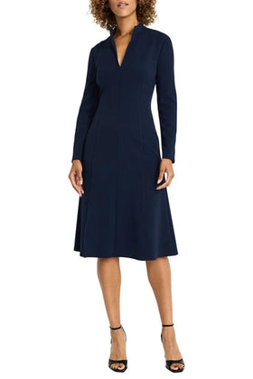 Maggy London G6340M Split Neck Midi Navy Blazer Long Sleeve Scuba Crepe A-Line Dress