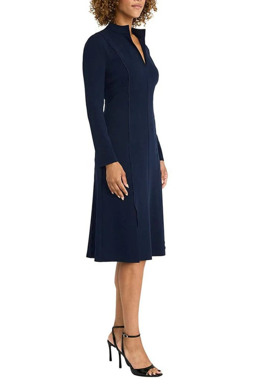 Split Neck Midi Navy Blazer Long Sleeve Scuba Crepe A-Line Dress by Maggy London G6340M