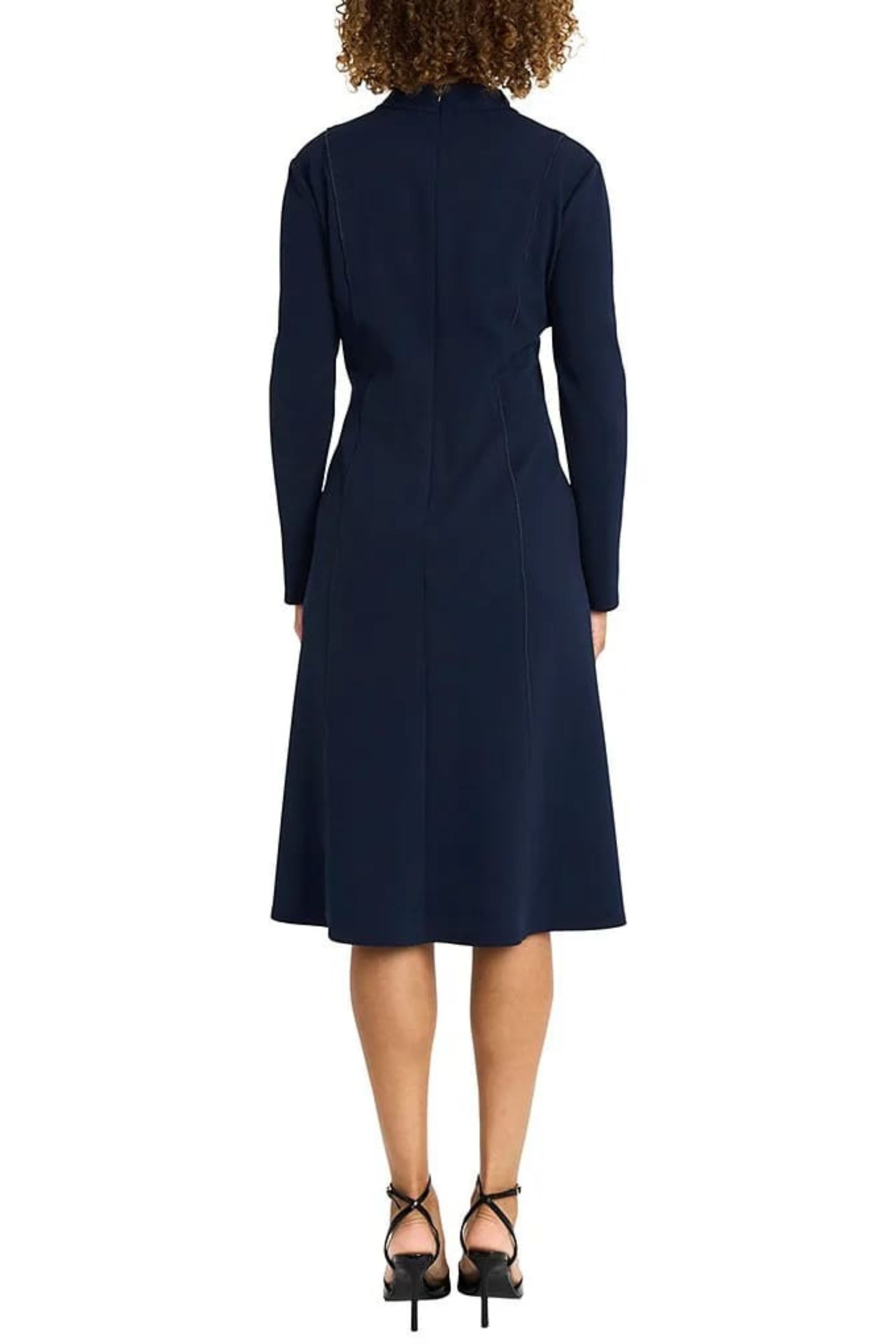 Split Neck Midi Navy Blazer Long Sleeve Scuba Crepe A-Line Dress by Maggy London G6340M