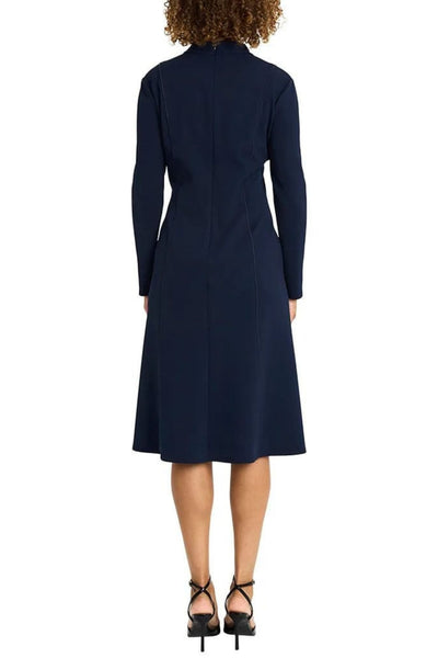 Split Neck Midi Navy Blazer Long Sleeve Scuba Crepe A-Line Dress by Maggy London G6340M