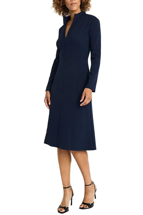 Split Neck Midi Navy Blazer Long Sleeve Scuba Crepe A-Line Dress by Maggy London G6340M