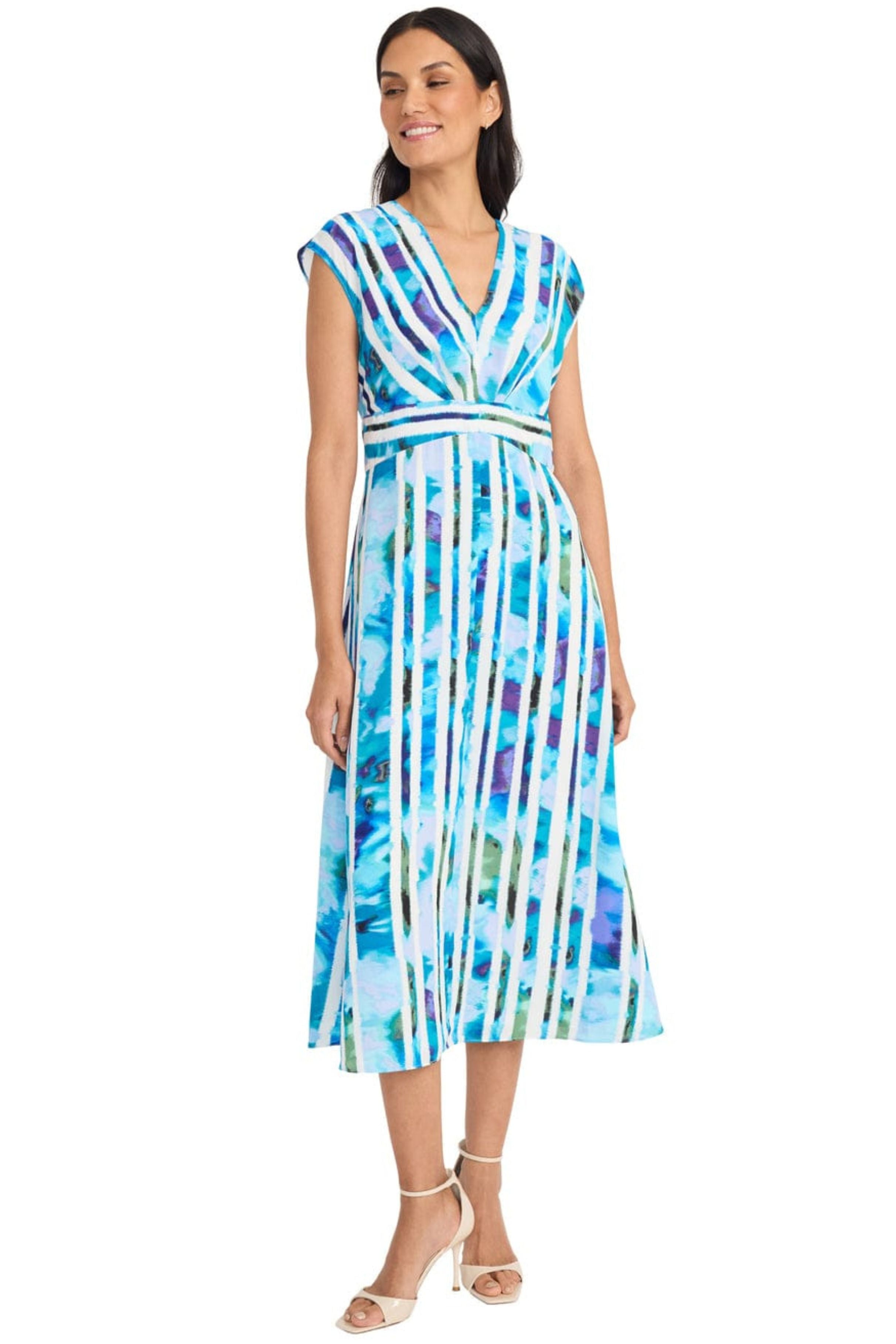 White Blue Striped Floral Cap Sleeve Floral Print Midi Dress by Maggy London G6346M