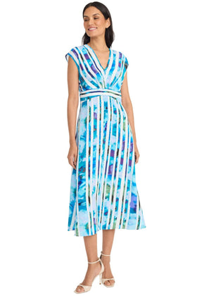 Maggy London G6346M White Blue Striped Floral Cap Sleeve Floral Print Midi Dress