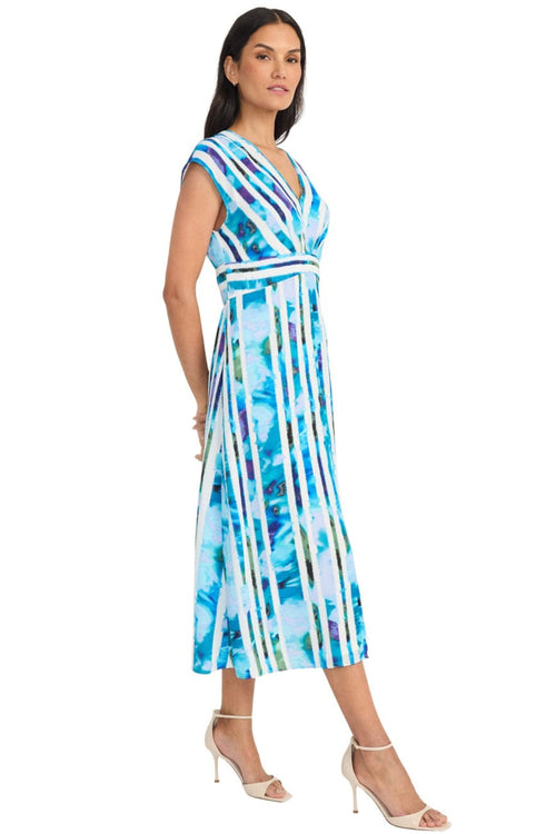 White Blue Striped Floral Cap Sleeve Floral Print Midi Dress by Maggy London G6346M