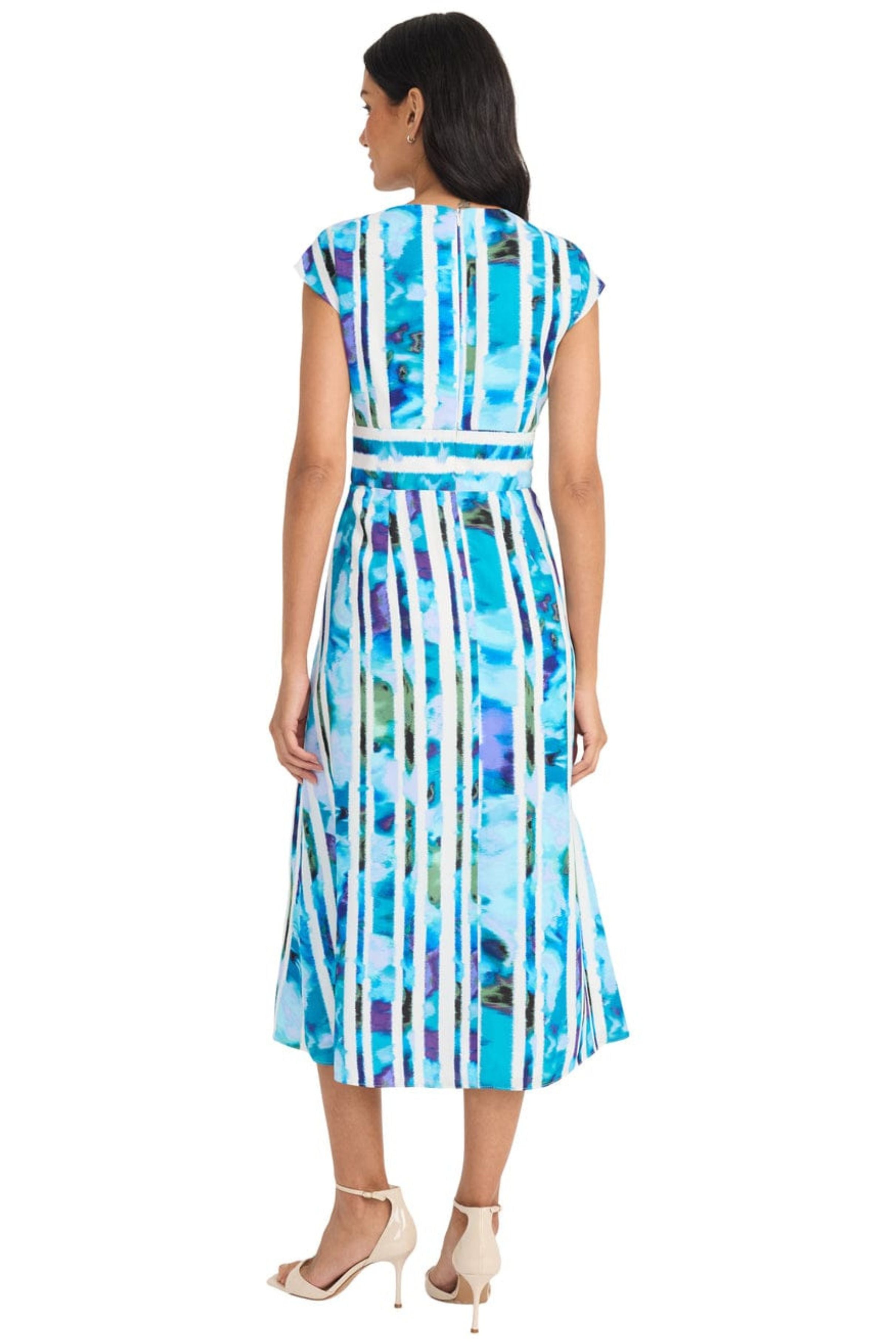 White Blue Striped Floral Cap Sleeve Floral Print Midi Dress by Maggy London G6346M