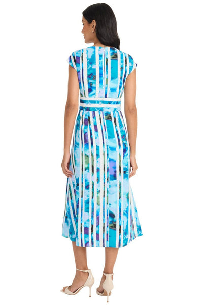 White Blue Striped Floral Cap Sleeve Floral Print Midi Dress by Maggy London G6346M