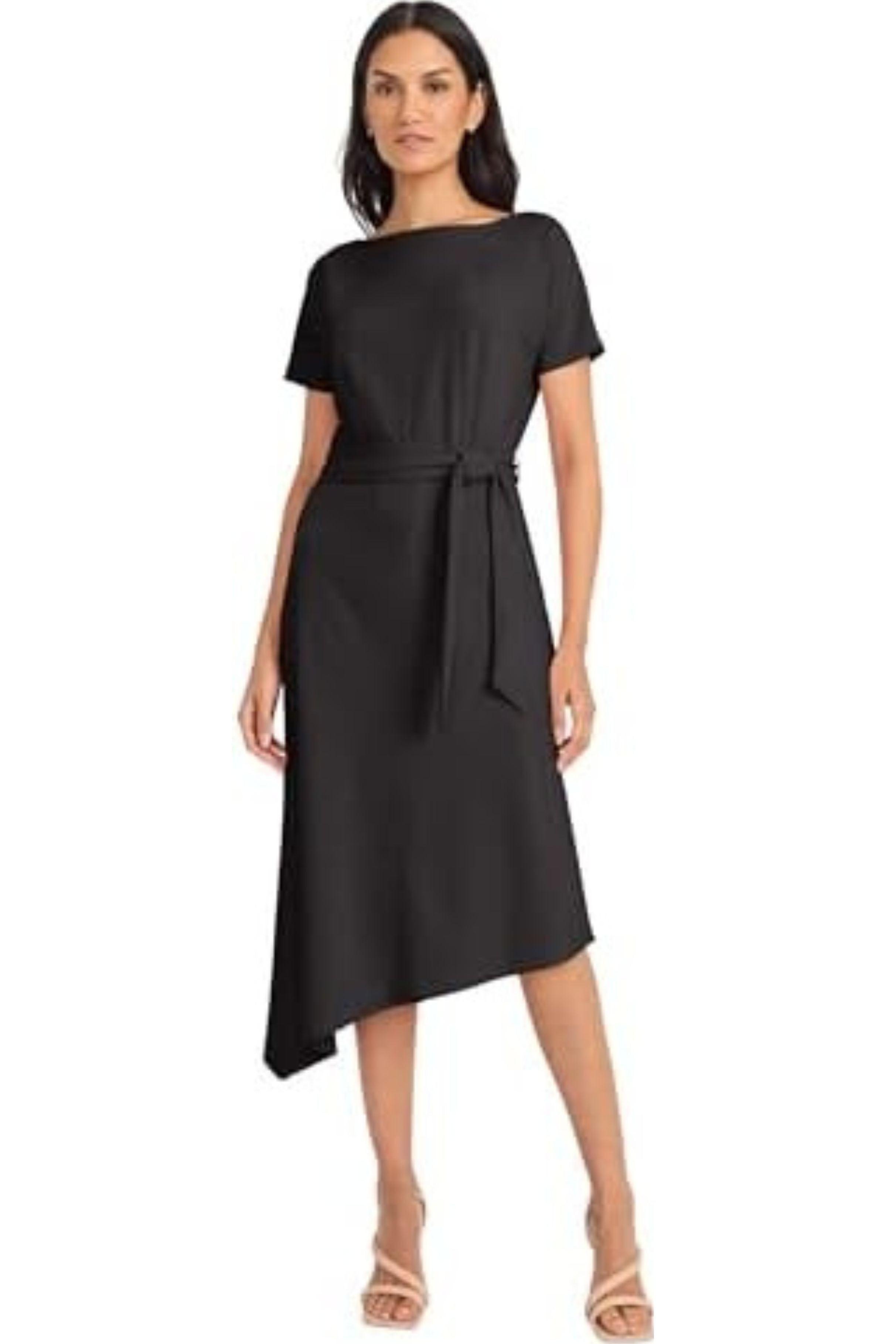 Asymmetrical Hem Black and Sea Blue Short Sleeve Sash Belt Scuba Crepe A-Line Dress by Maggy London G6352M