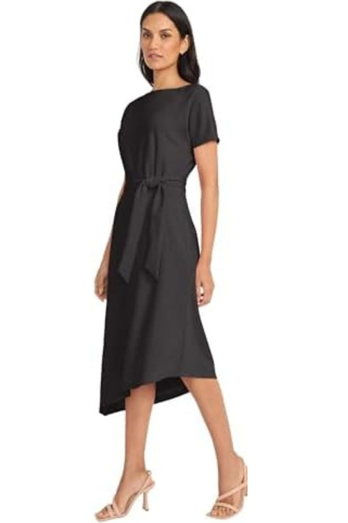 Asymmetrical Hem Black and Sea Blue Short Sleeve Sash Belt Scuba Crepe A-Line Dress by Maggy London G6352M