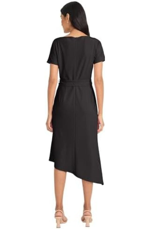 Asymmetrical Hem Black and Sea Blue Short Sleeve Sash Belt Scuba Crepe A-Line Dress by Maggy London G6352M