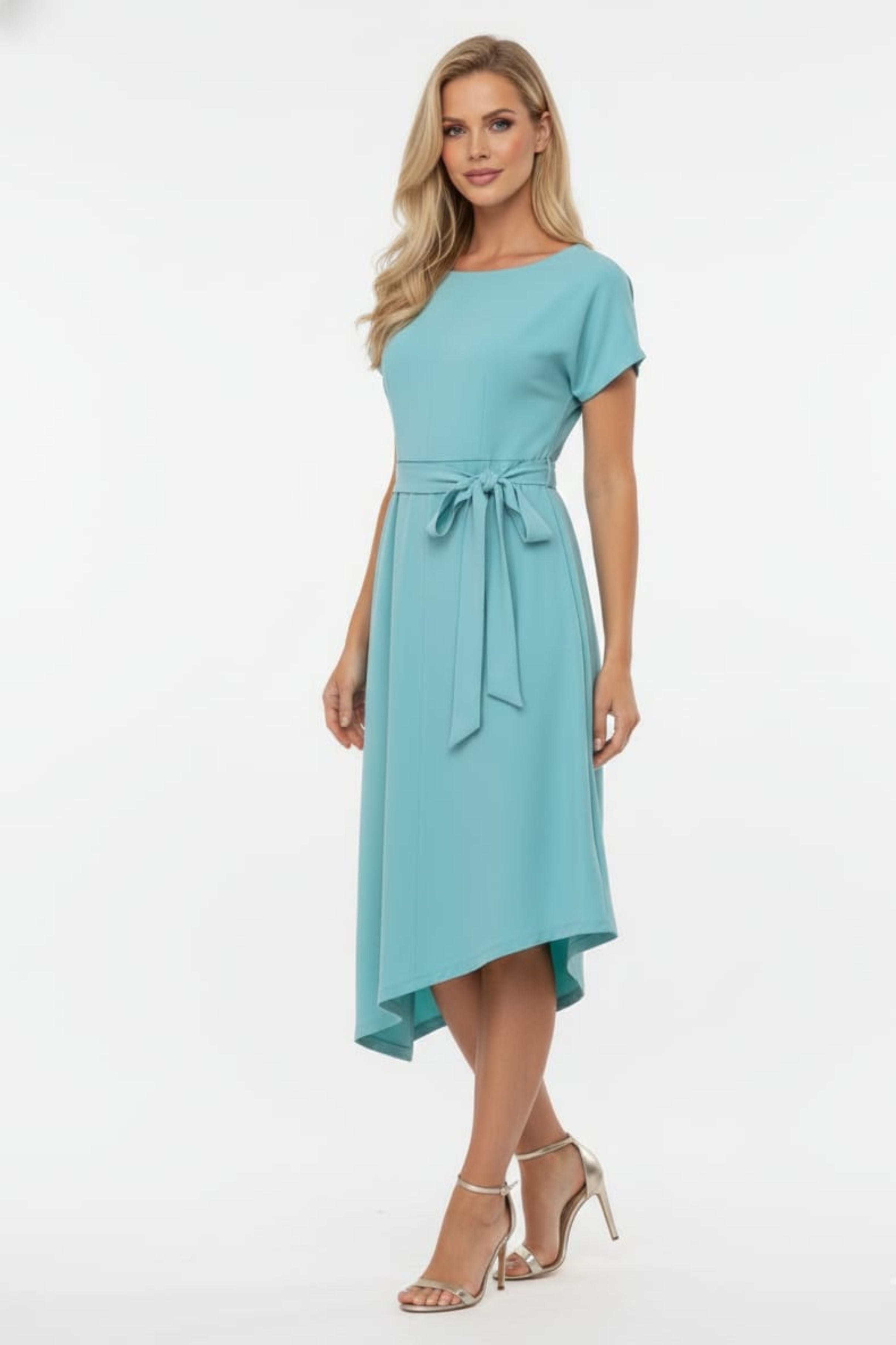 Asymmetrical Hem Black and Sea Blue Short Sleeve Sash Belt Scuba Crepe A-Line Dress by Maggy London G6352M