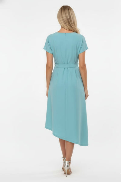 Asymmetrical Hem Black and Sea Blue Short Sleeve Sash Belt Scuba Crepe A-Line Dress by Maggy London G6352M