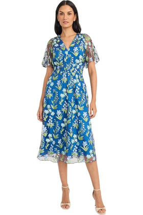 Maggy London G6361M Blue Green Floral Embroidered Mesh Short Flutter Sleeve Floral Print Midi Dress