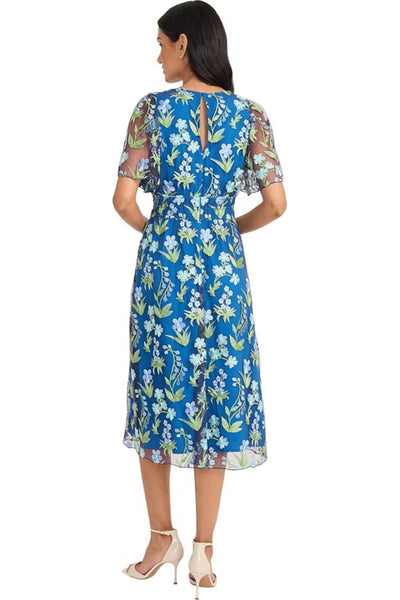 Blue Green Floral Embroidered Mesh Short Flutter Sleeve Floral Print Midi Dress by Maggy London G6361M