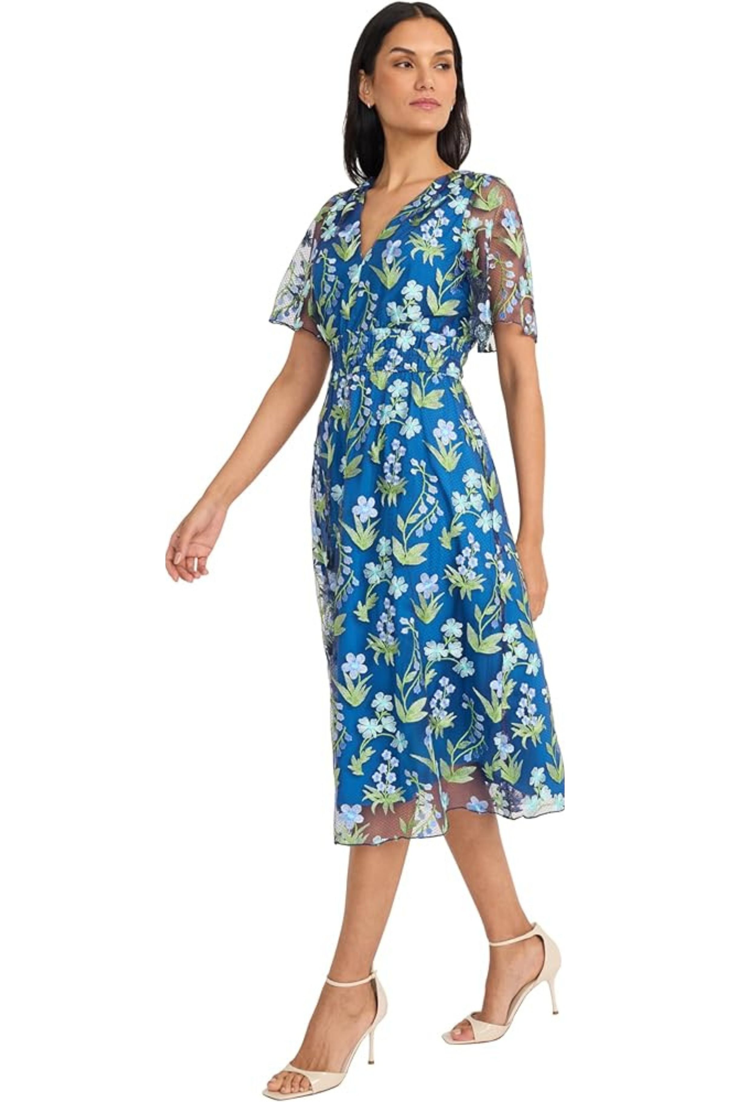 Blue Green Floral Embroidered Mesh Short Flutter Sleeve Floral Print Midi Dress by Maggy London G6361M