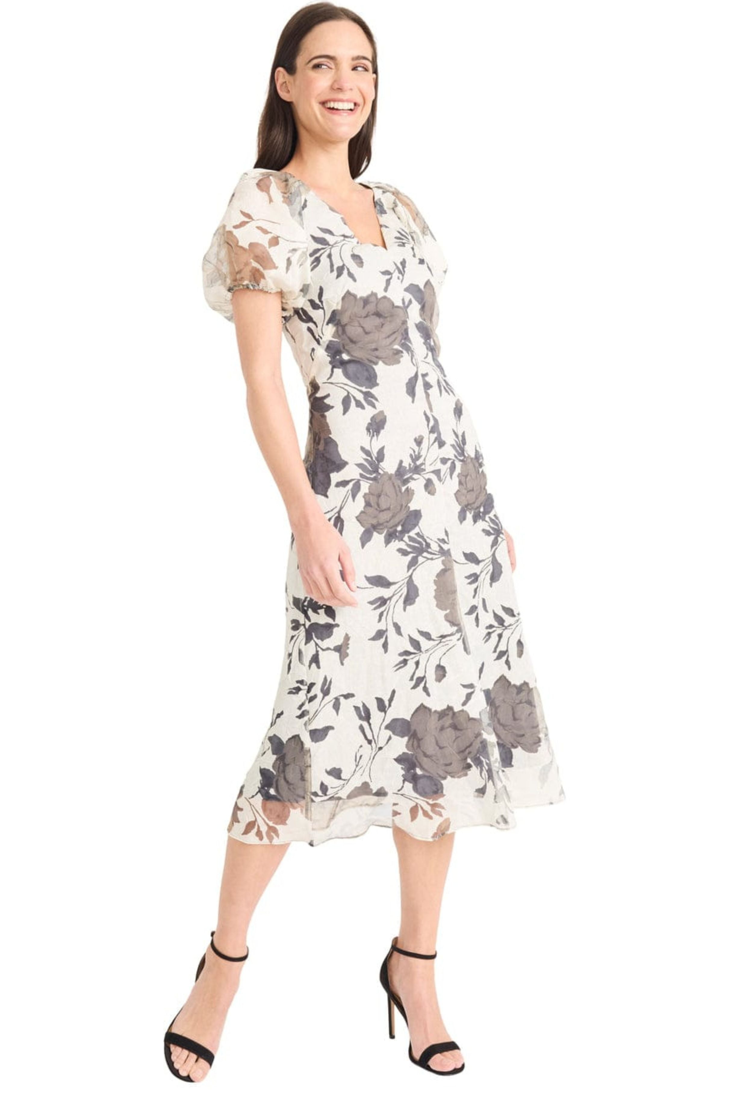 Grey Ivory Floral Puff Sleeve Gray Ivory Floral Print Organza Midi Dress by Maggy London G6387M