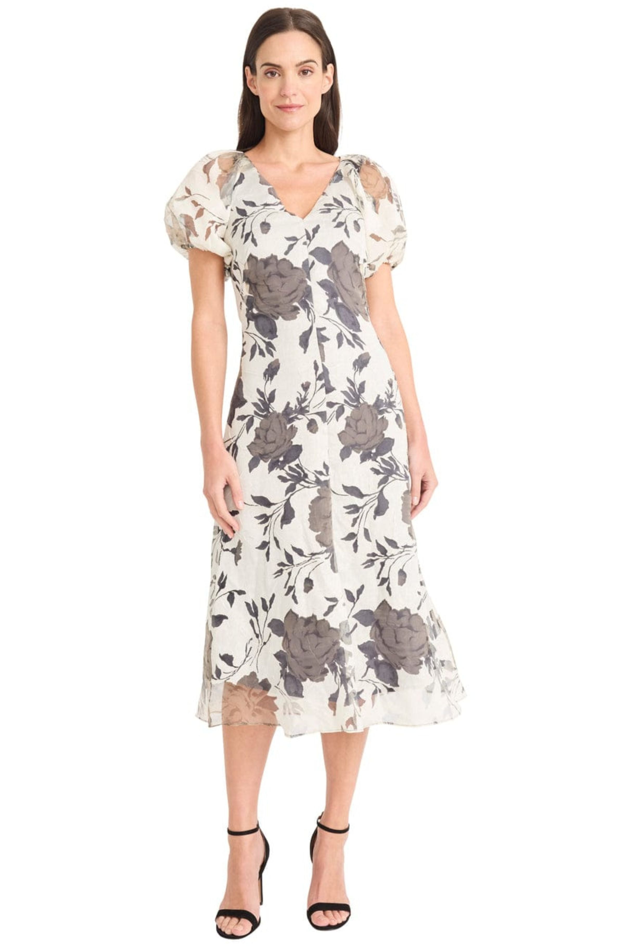 Grey Ivory Floral Puff Sleeve Gray Ivory Floral Print Organza Midi Dress by Maggy London G6387M