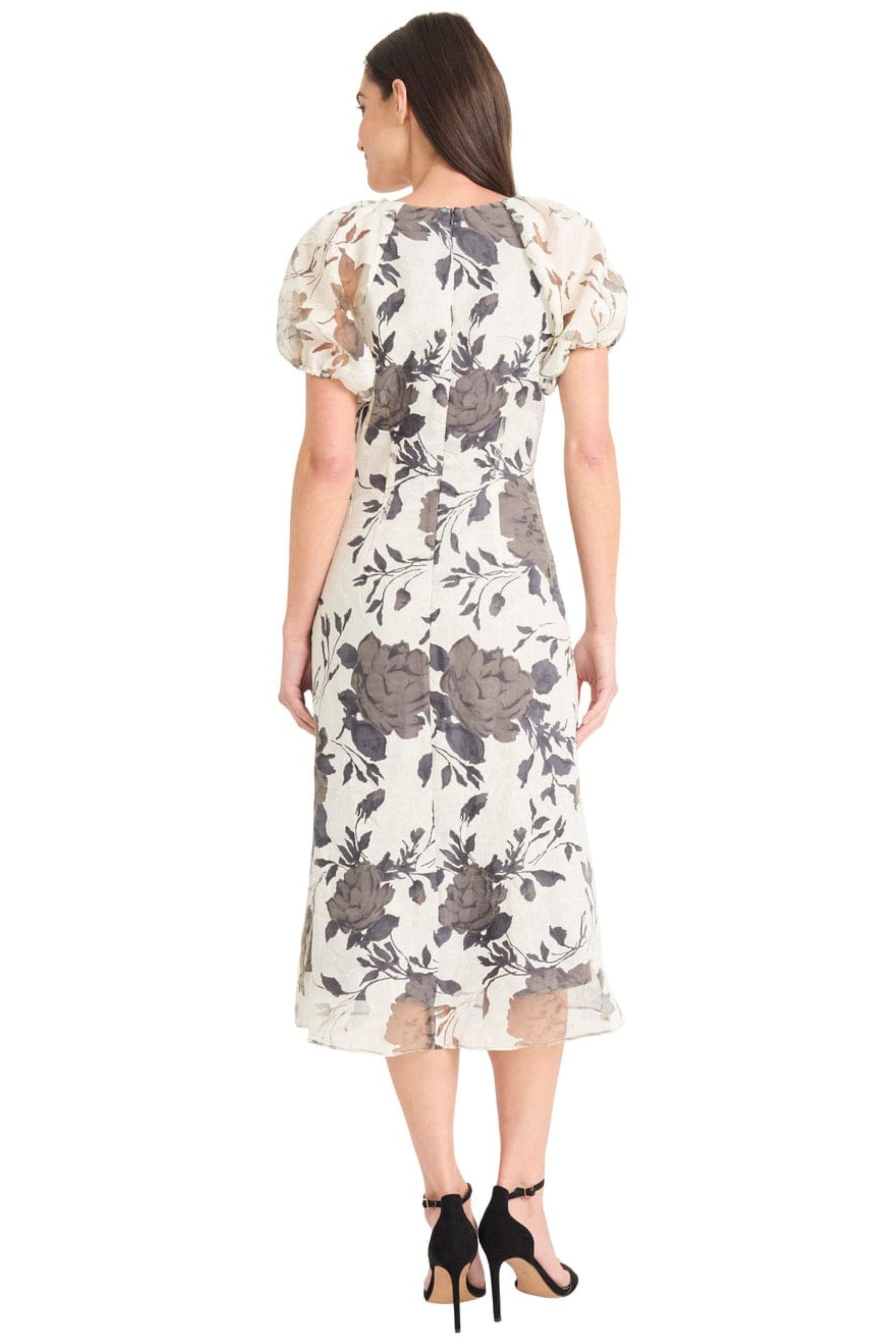Grey Ivory Floral Puff Sleeve Gray Ivory Floral Print Organza Midi Dress by Maggy London G6387M